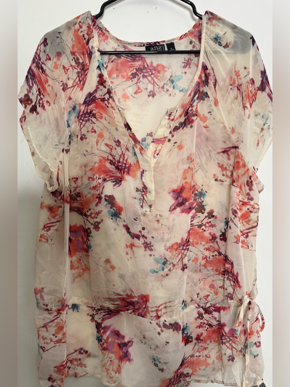 a.n.a Sheer Floral V-Neck Blouse in Cream, Coral and Teal short sleeve sz 1x